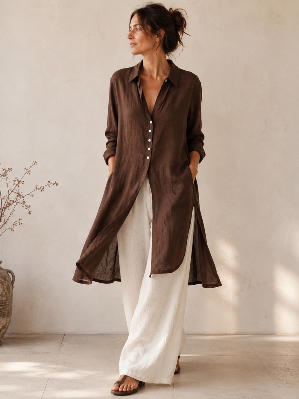 Vintage 100% Linen Chocolate Brown Longline Tunic Shirt Dress